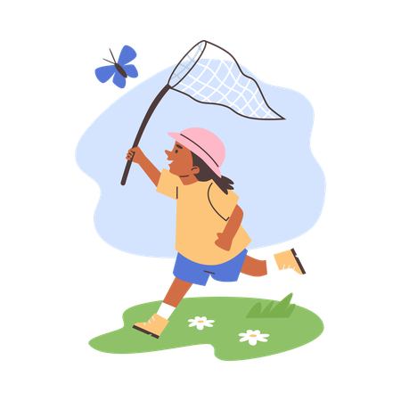 Cute girl catching butterfly with net  Illustration