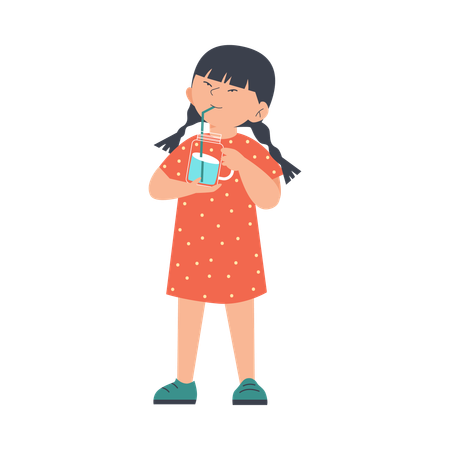 かわいい女の子がストローでガラス瓶から水を飲む  イラスト