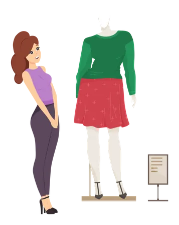 Cute girl choosing clothes on mannequin at front shop window  Illustration