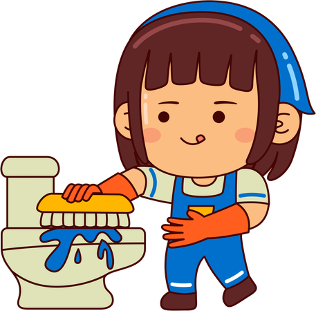 Cute girl cleaning toilet  Illustration