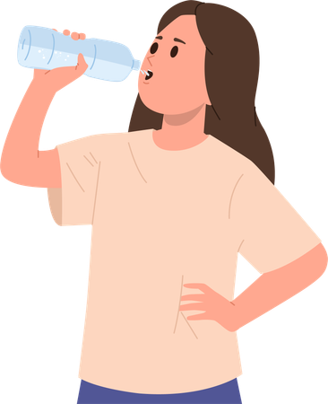 Cute girl drinking mineral water from plastic bottle  Illustration