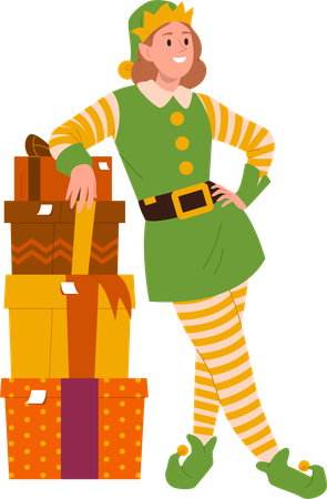 Cute girl elf in traditional costume standing nearby wrapped gift box stack  Illustration