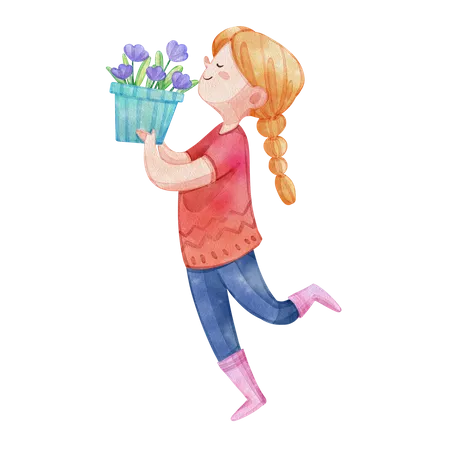 Cute Girl Gardening Watercolor Illustration
