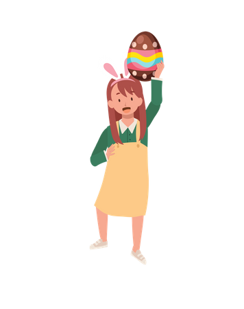 Cute girl  holding big easter egg upper head  Illustration