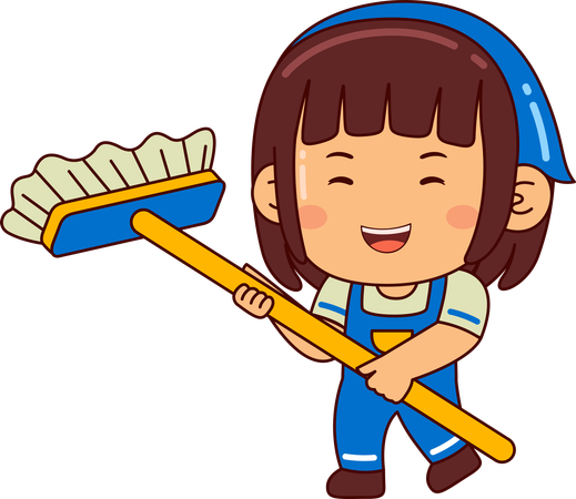 Cute girl holding broom brush  Illustration