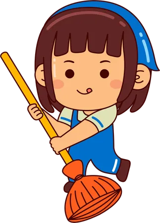 Cute girl holding broom stick  Illustration
