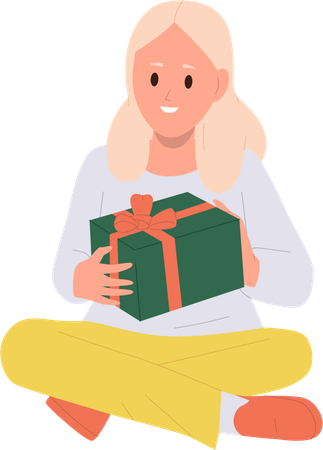 Cute girl holding festive gift box and feeling excitement  Illustration