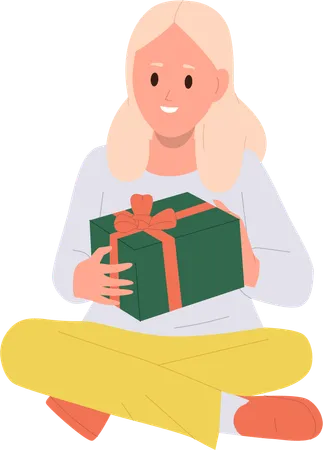Cute girl holding festive gift box and feeling excitement  Illustration