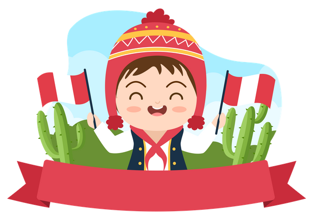 Cute Girl Holding Peru Flag on Independence day  Illustration