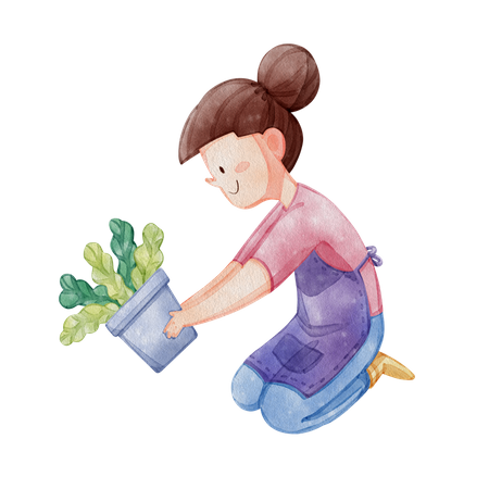 Cute girl holding plant pot  Illustration