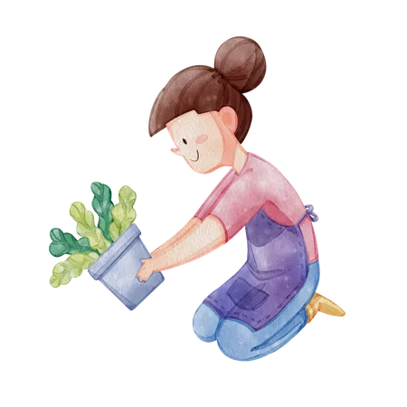 Cute girl holding plant pot  Illustration