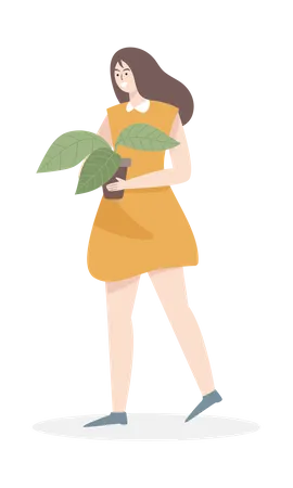 Cute girl holding plant pot  Illustration