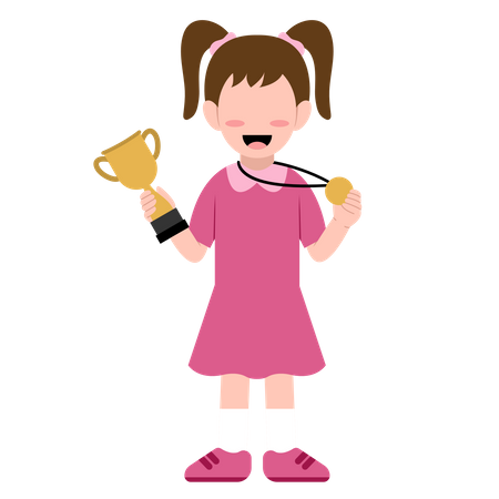 Cute  Girl Holding Trophy and medal  Illustration