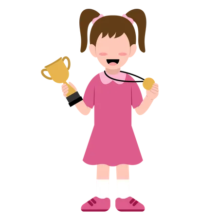 Cute  Girl Holding Trophy and medal  Illustration