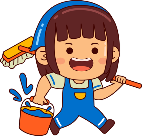 Cute girl holding water bucket and broom  Illustration