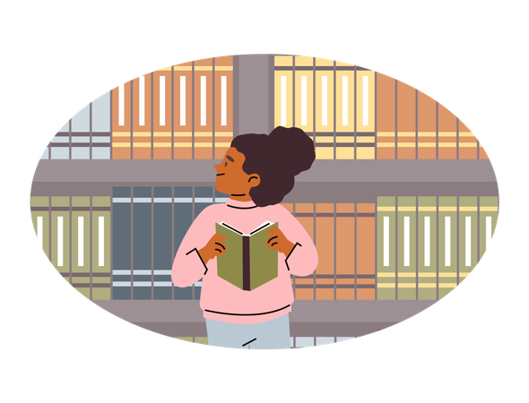 Cute girl in library or bookstore  Illustration