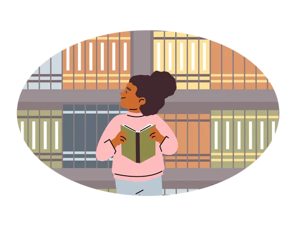 Cute girl in library or bookstore  Illustration