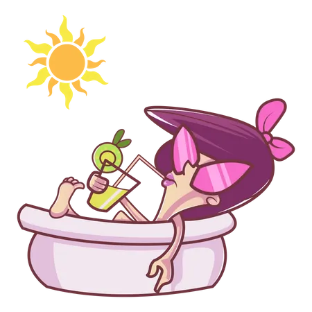 Cute girl is drinking juice and sitting in bathtub  Illustration