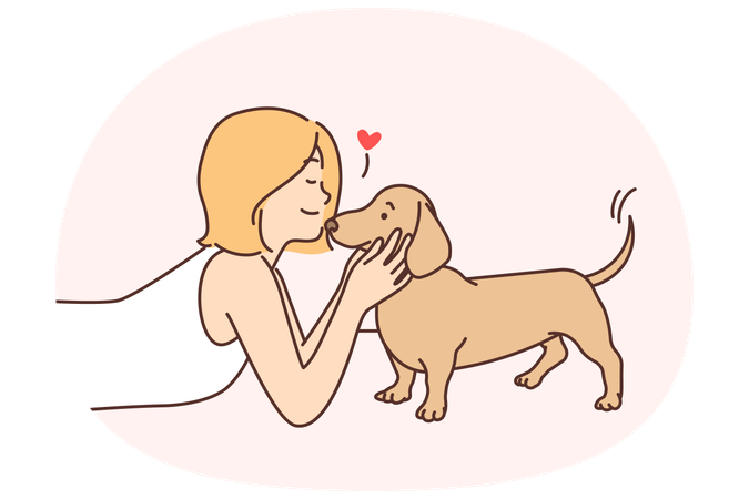 Cute girl kissing puppy enjoying communication with beloved pet and caring for dachshund  Illustration