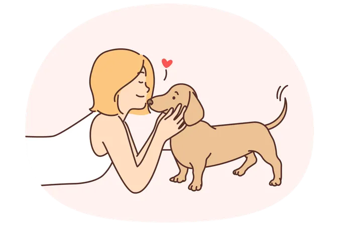 Cute girl kissing puppy enjoying communication with beloved pet and caring for dachshund  Illustration