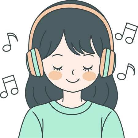 ヘッドフォンで音楽を聴くかわいい女の子  イラスト