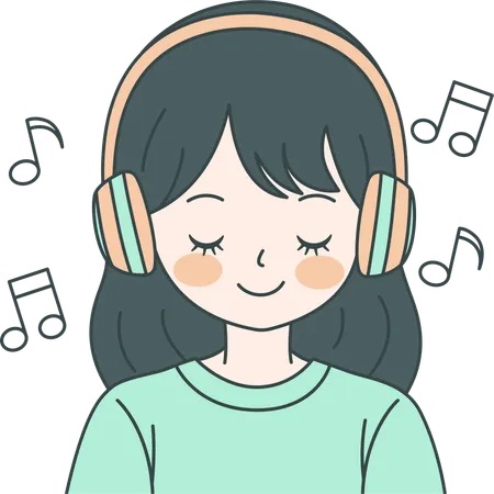 ヘッドフォンで音楽を聴くかわいい女の子  イラスト