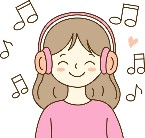 Cute Girl Listening Music Using Headphone  Illustration