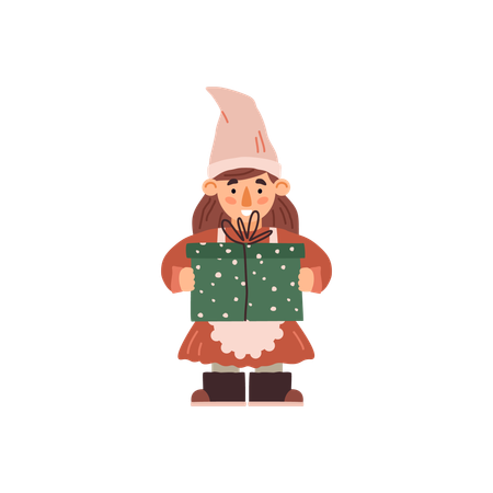 Cute girl little gnome holding huge gift box  Illustration