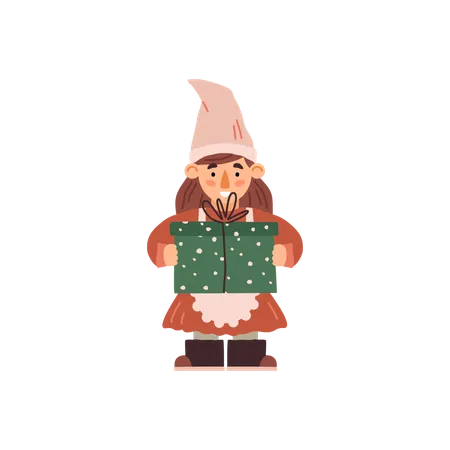 Cute girl little gnome holding huge gift box  Illustration