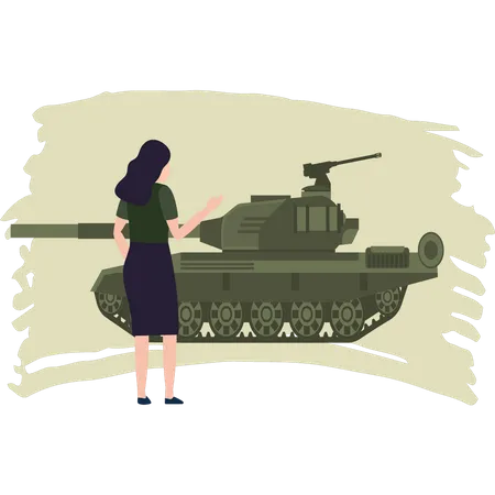 Cute Girl Looking At Military Tank Illustration