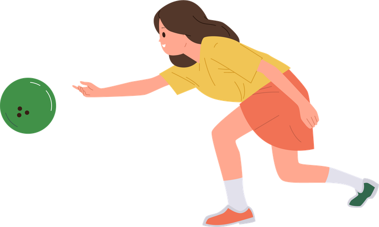 Cute girl  playing bowling throwing ball enjoying fun game  Illustration