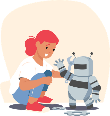 Cute Girl Playing with Robot Illustration