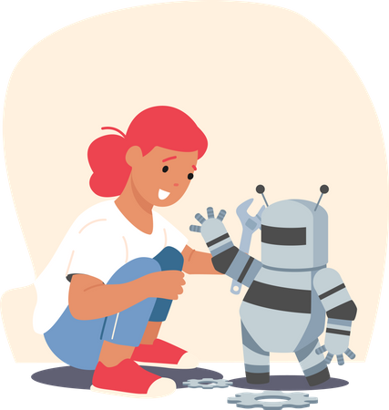 Cute Girl Playing with Robot  Illustration