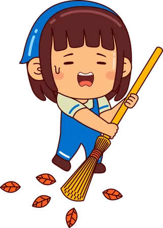 Cute girl sweeping using broom  Illustration