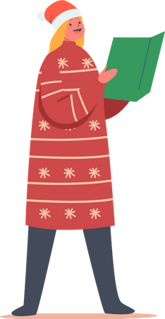 Cute Girl Wear Santa Hat Singing Christmas Songs Illustration