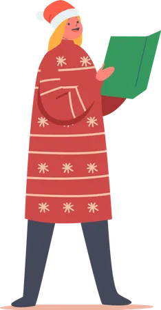 Cute Girl Wear Santa Hat Singing Christmas Songs  Illustration