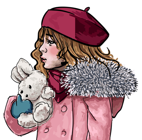 Cute Girl Wearing Winter Clothes Holding Toy Bunny  Illustration