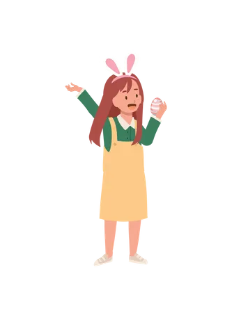 Cute girl with bunny ears is happy to found an Easter egg  Illustration