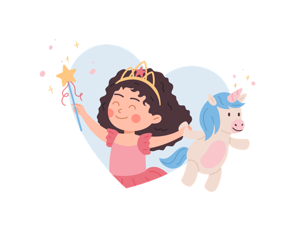 Cute girl with diadem holding unicorn and magic wand  Illustration