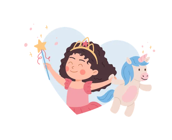 Cute girl with diadem holding unicorn and magic wand  Illustration