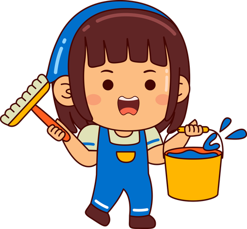 Cute girl with water bucket and broom  Illustration