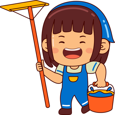 Cute girl with water bucket and wiper  Illustration