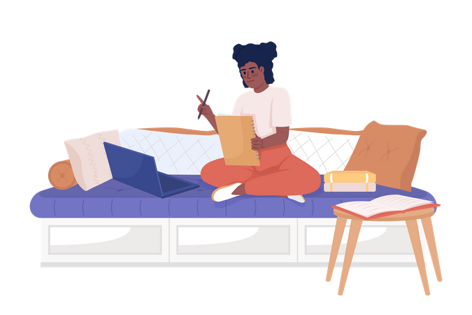 Cute girl writing home assignment on sofa Illustration