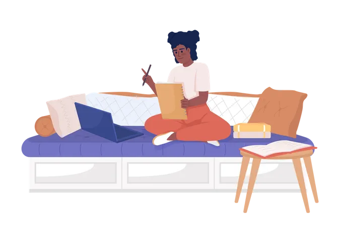 Cute girl writing home assignment on sofa Illustration
