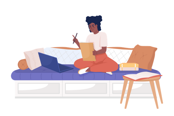 Cute girl writing home assignment on sofa  Illustration