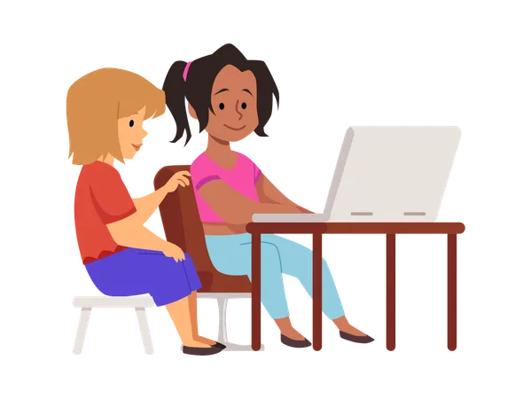 Cute girls watching at the laptop or tablet  Illustration