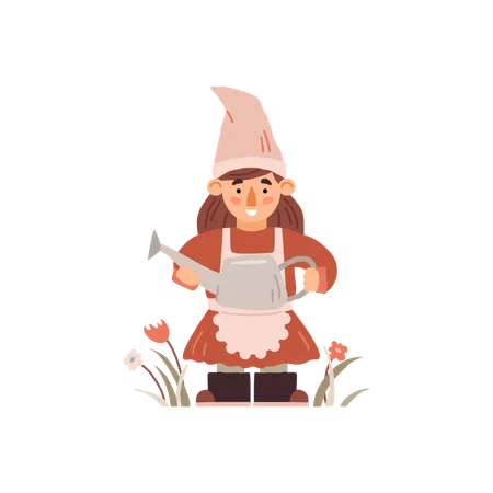 Cute gnome girl carrying water can  Illustration