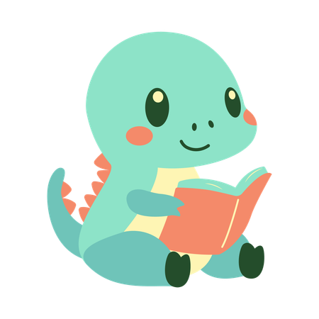 Cute Green Baby Dino Dinosaur Reading a Book  Illustration