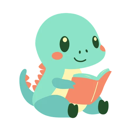 Cute Green Baby Dino Dinosaur Reading a Book  Illustration