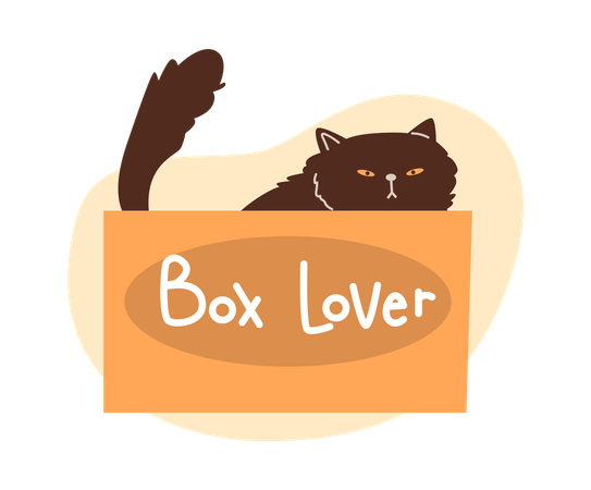 Cute grumpy black cat playing and sitting in cardboard box  Illustration